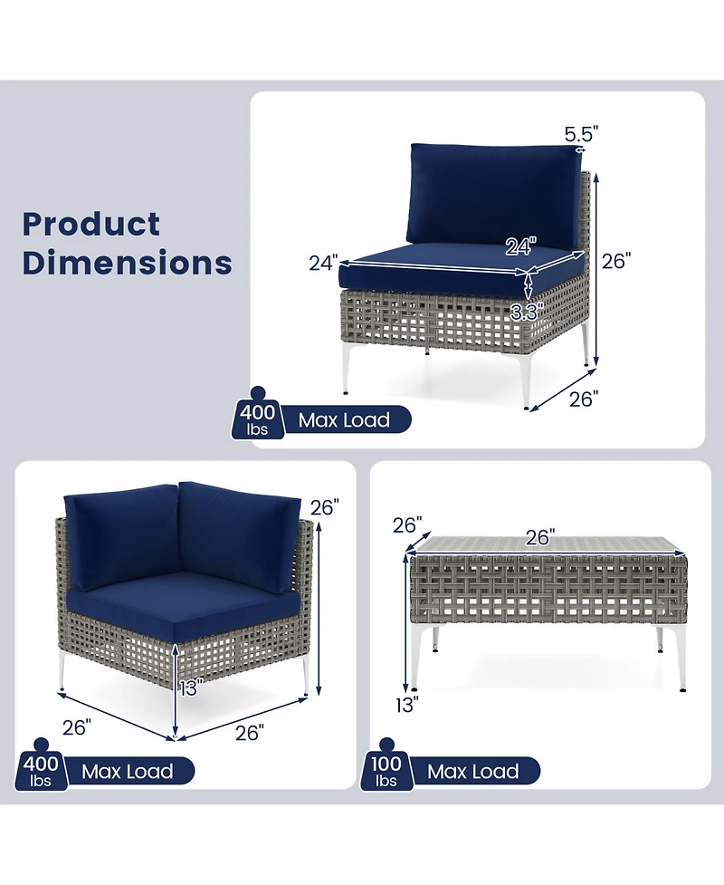 Sugift 5-Piece Pe Rattan Outdoor Sectional with Glass Coffee Table