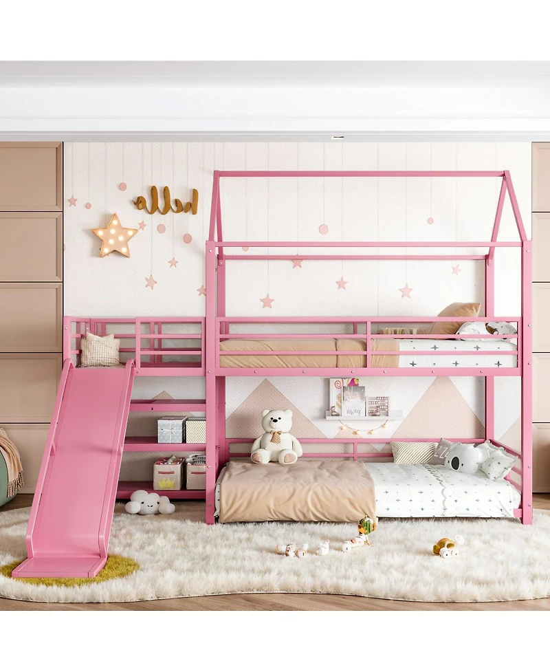 Streamdale Furniture Twin metal House Bunk Bed with Storage Stairs, Slide, Safety Rails