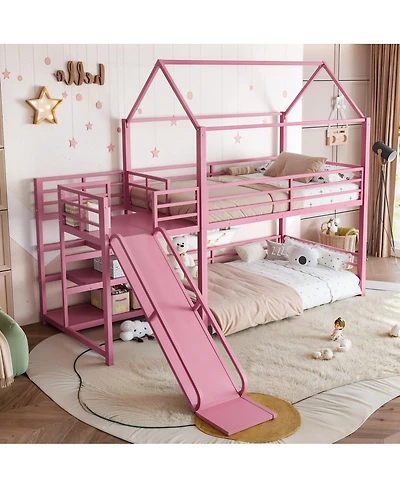 Streamdale Furniture Twin metal House Bunk Bed with Storage Stairs, Slide, Safety Rails