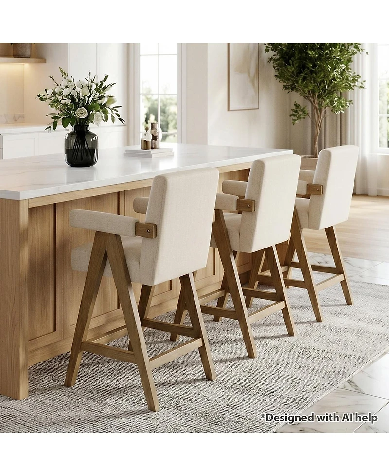 Maison Boucle Set of Mid-Century Modern Counter Height Bar Stool with Arms, Solid Wood Frame, Upholstered Full Back