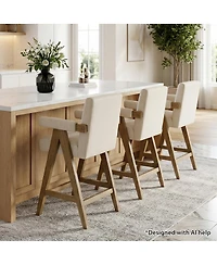 Maison Boucle Set of Mid-Century Modern Counter Height Bar Stool with Arms, Solid Wood Frame, Upholstered Full Back