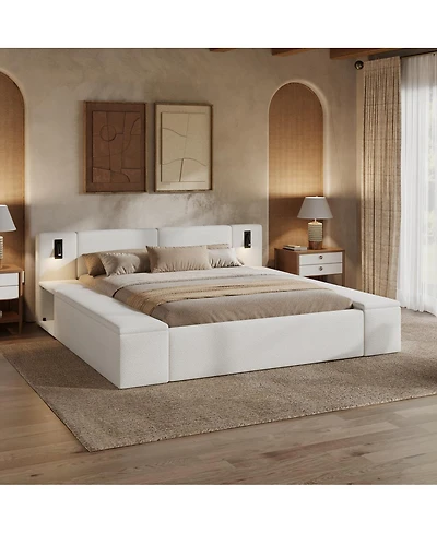 Streamdale Furniture King Size Teddy Fleece Platform Bed with Hidden Storage, Nightstands and Led Lights