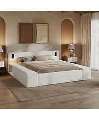 Streamdale Furniture King Size Teddy Fleece Platform Bed with Hidden Storage, Nightstands and Led Lights