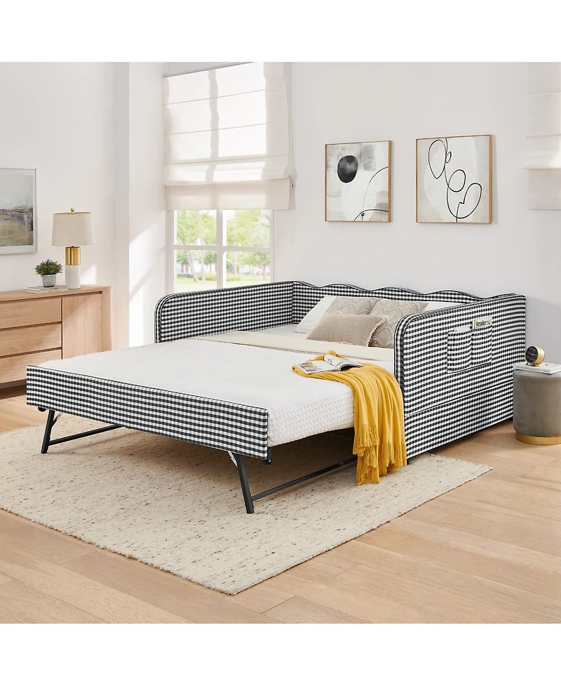 Streamdale Furniture Gingham Upholstered 3-in-1 Convertible Daybed with Trundle and Storage