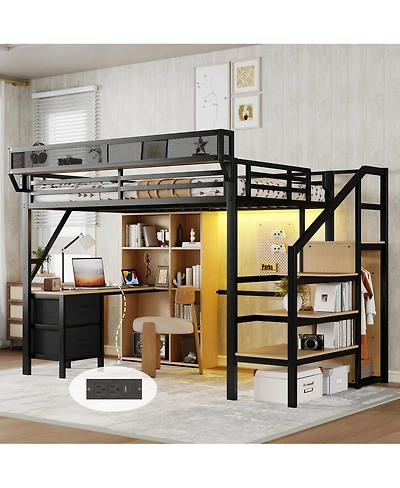 Streamdale Furniture Full Size Loft Bed with Desk, Charging Station, Storage and Led Lights