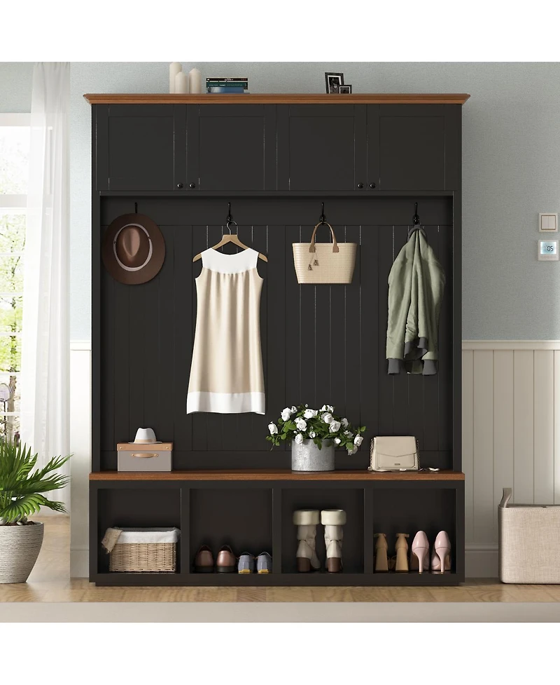 Streamdale Furniture 59''W Farmhouse Hall Tree with Bench, Storage Cabinets, and Coat Hooks