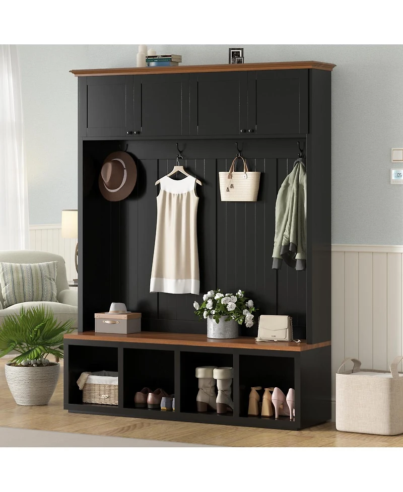 Streamdale Furniture 59''W Farmhouse Hall Tree with Bench, Storage Cabinets, and Coat Hooks