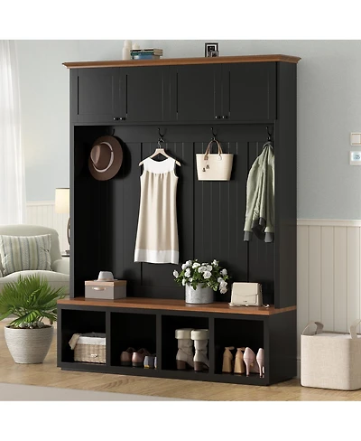 Streamdale Furniture 59''W Farmhouse Hall Tree with Bench, Storage Cabinets, and Coat Hooks