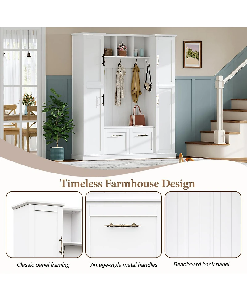 Streamdale Furniture Farmhouse Hall Tree with Storage Cabinets, Bench, and Coat Rack