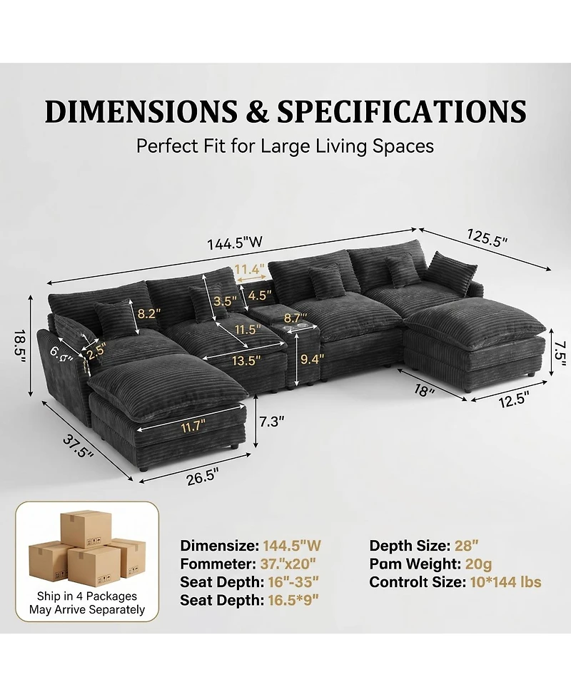 Streamdale Furniture 145" U-Shaped Oversized Corduroy Modular Cloud Sectional Sofa