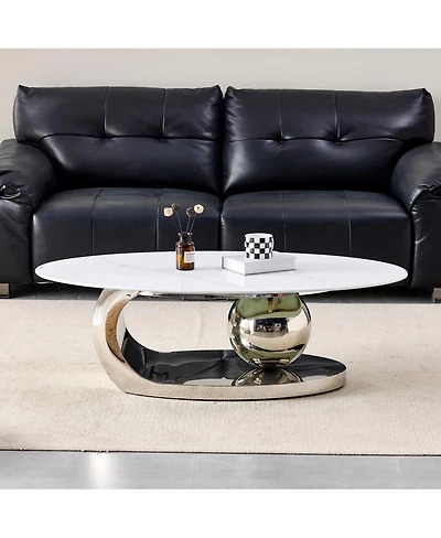 Streamdale Furniture 51.2" Oval Faux Marble Coffee Table with Silver Stainless Steel Base