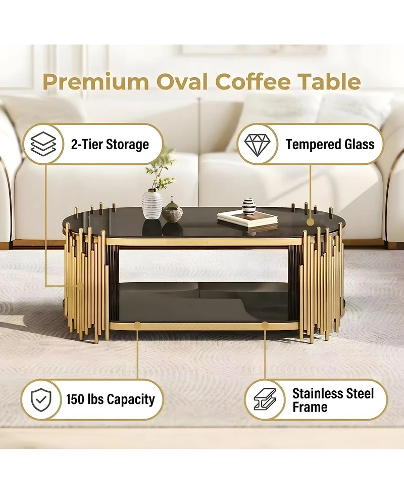 Streamdale Furniture Luxury Gold and Black Glass Oval Coffee Table with Organ Pipe Design