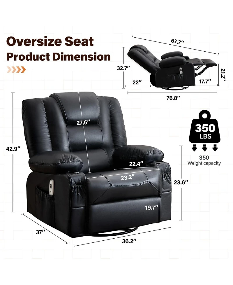 Streamdale Furniture Oversized Swivel Rocker Recliner with Massage, Heat, and Usb Port