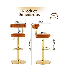 Streamdale Furniture Set of 2 Velvet Swivel Adjustable Bar Stools with Gold Legs