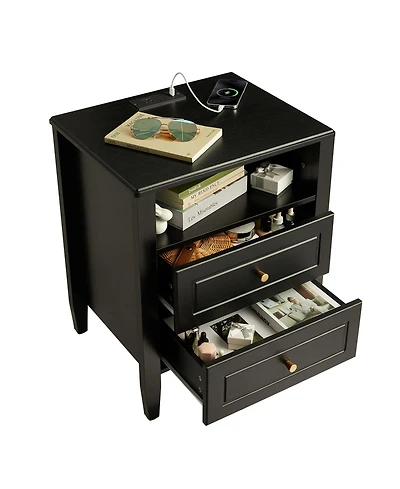 gaomon Nightstand with Charging Station, Modern Bedside Table 2 Drawers and Open Storage Shelf
