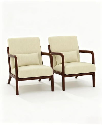 homfan Set of 2 Corduroy Accent Chairs with Lumbar Pillows, Mid-Century Wood Frame