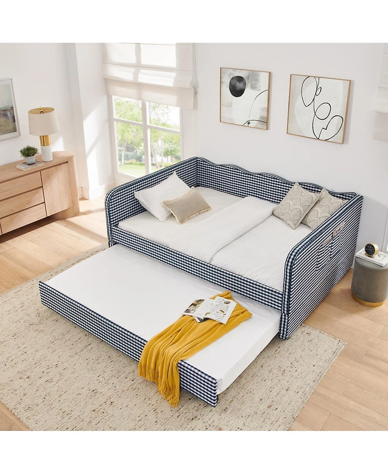 Streamdale Furniture Gingham Upholstered 3-in-1 Full-Size Daybed with Trundle and Storage