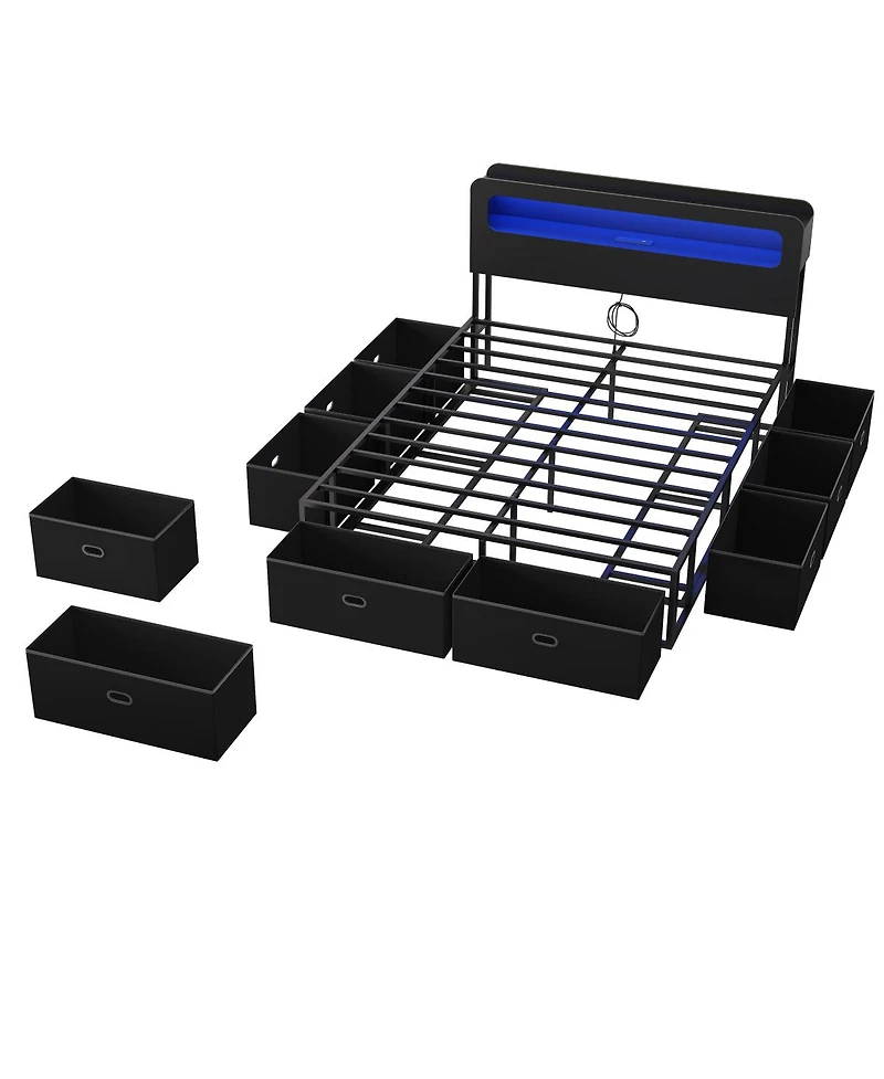 Streamdale Furniture Full Size Bed Frame with Led Headboard, Charging Station and 8 Storage Drawers