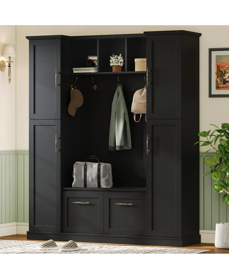 Streamdale Furniture Farmhouse Hall Tree with 4 Side Cabinets, Bench, and Coat Rack