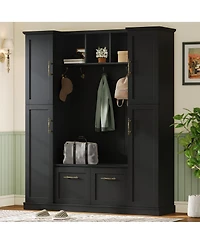 Streamdale Furniture Farmhouse Hall Tree with 4 Side Cabinets, Bench, and Coat Rack