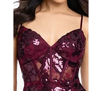 Blondie Nites Juniors' V Neck Lace Bodycon Mini Dress