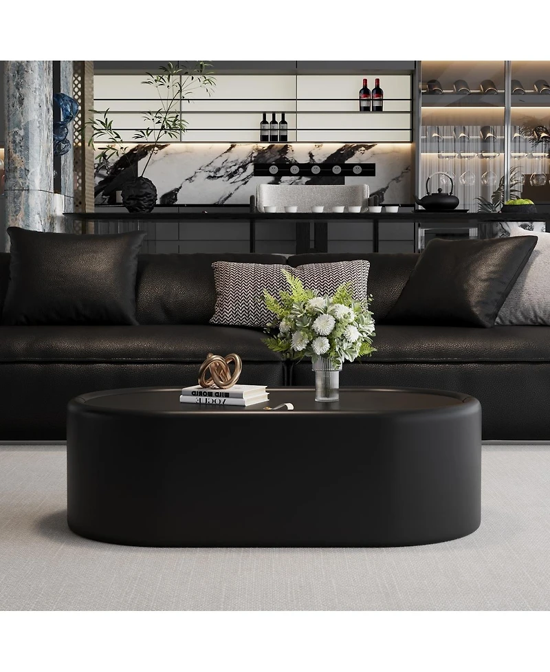 Streamdale Furniture 33.46" Oval Hidden Storage Coffee Table with Tempered Glass and Leather Top