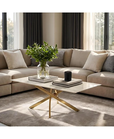 Streamdale Furniture Faux Marble and Gold Rectangular Coffee Table with Tempered Glass Top