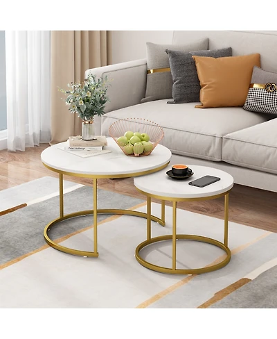 Streamdale Furniture 27.6in Round Nesting Coffee Table Set of 2, Wood Marble Top with Metal Frame
