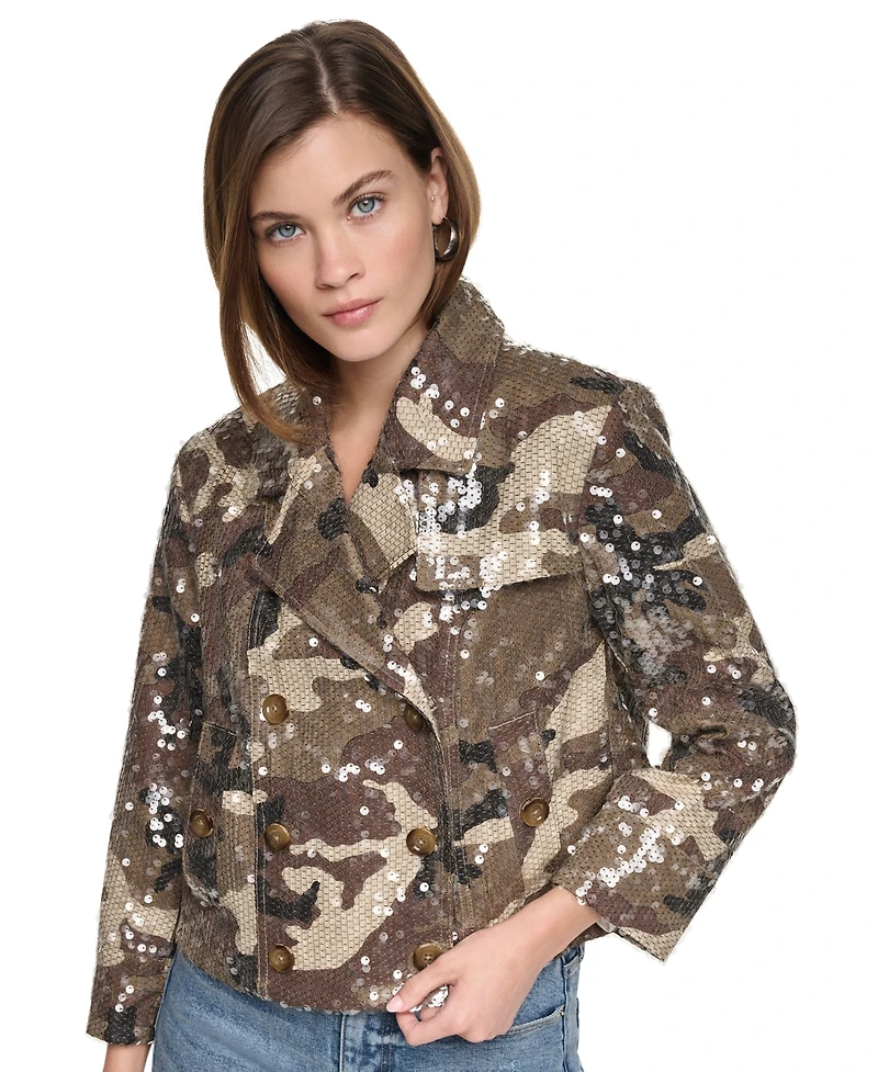 Dkny Jeans Women's Sequin Double Breasted Button Front Trench Jacket