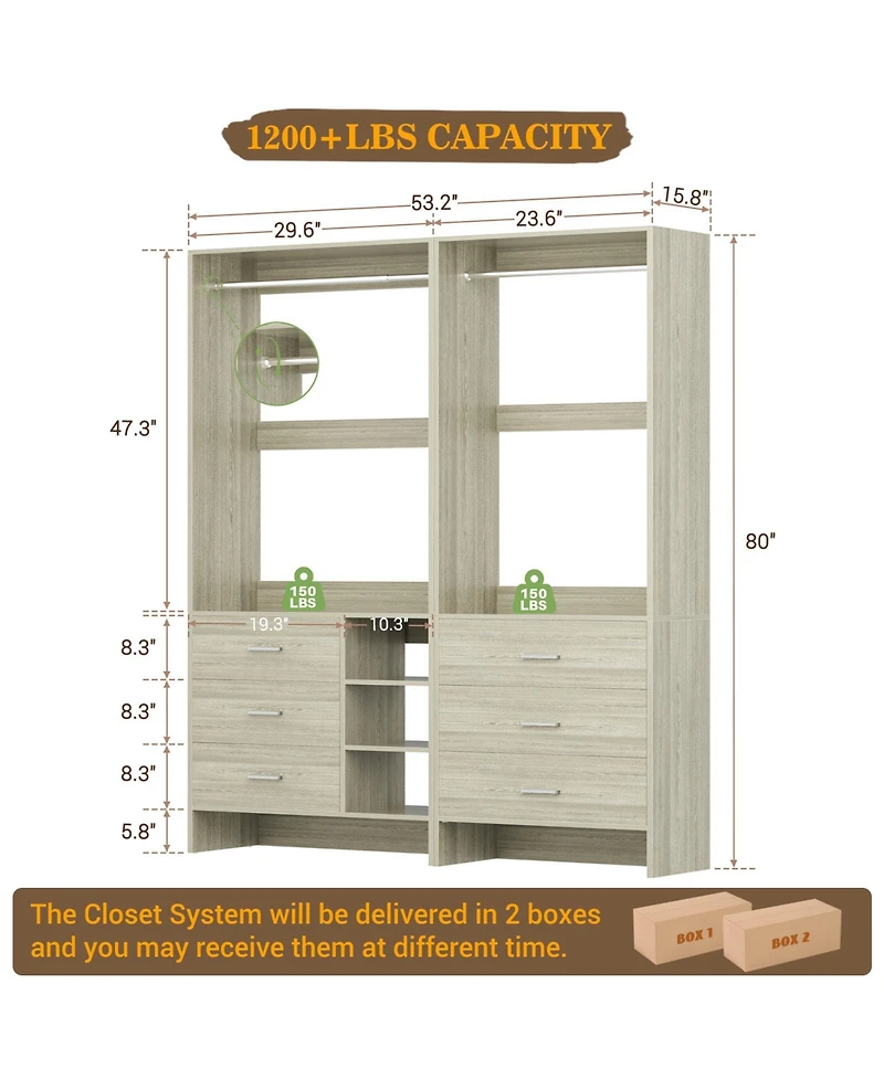 Aheaplus 54-In Closet System Set with Wood Drawers and Hanging Rods