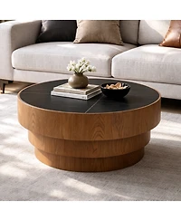 Streamdale Furniture 31.5" Round Sintered Stone Coffee Table with Tiered Wood Base
