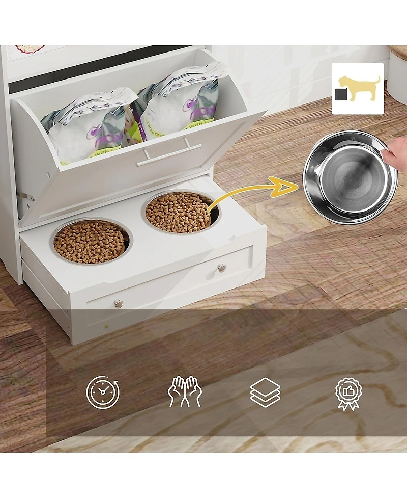 Ruie Pet Feeder Station Storage Cabinet with Raised Dog Bowls and Hooks
