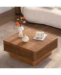 Streamdale Furniture 31.52" Square Rattan and Hemp Rope Coffee Table with Adjustable Storage
