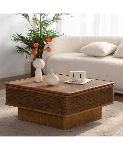 Streamdale Furniture 31.52" Square Rattan and Hemp Rope Coffee Table with Adjustable Storage