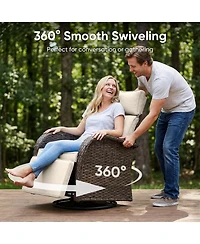 Pocassy 7Pcs Outdoor Swivel Recliner Chair with 50,000 Btu Fire Pit Table Wicker Rattan Bistro Set Tempered Glass Side