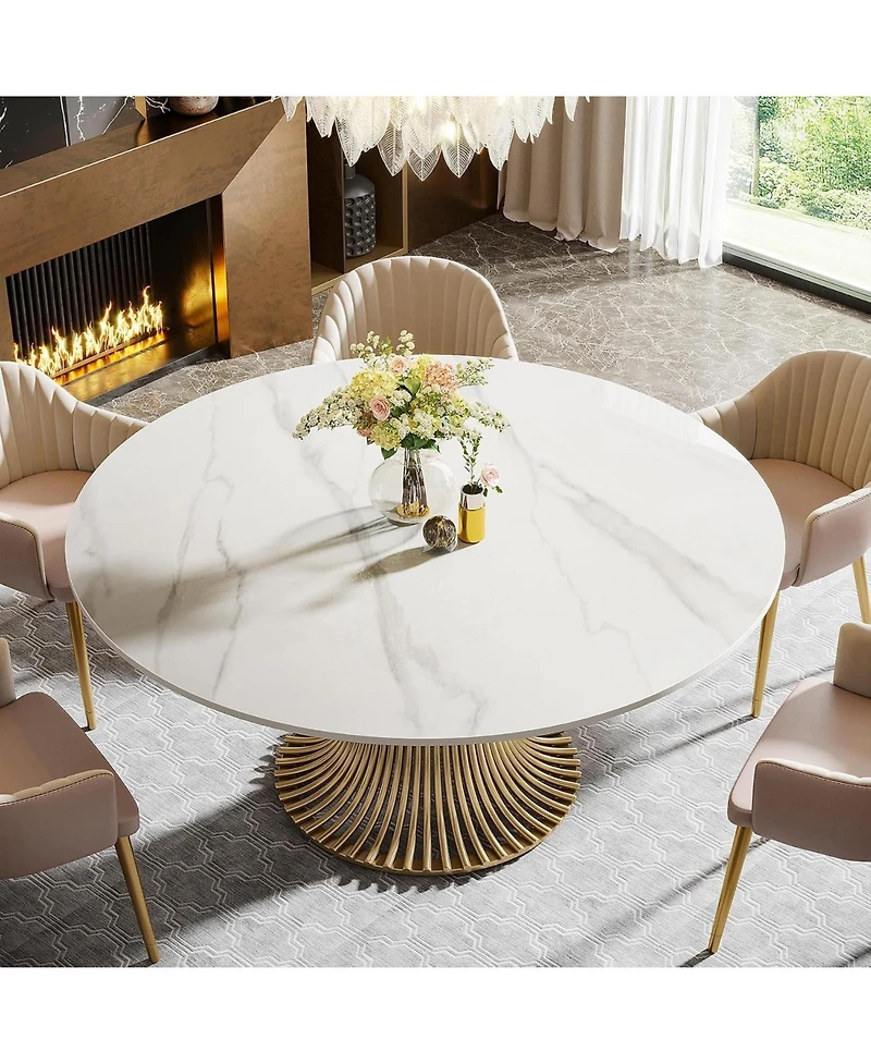 Tribesigns 59" Sintered Stone Round Dining Table for 6-8: Luxury table with steel pedestal for dining room, living room. (Table only)