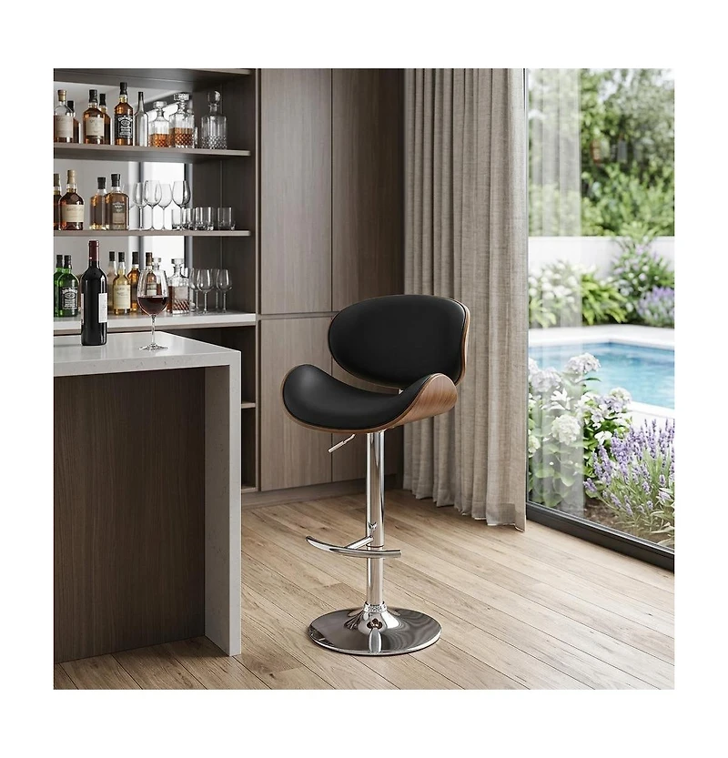 HomeRoots 25" Faux Leather and Solid Wood Swivel Low Back Adjustable Height Bar Chair