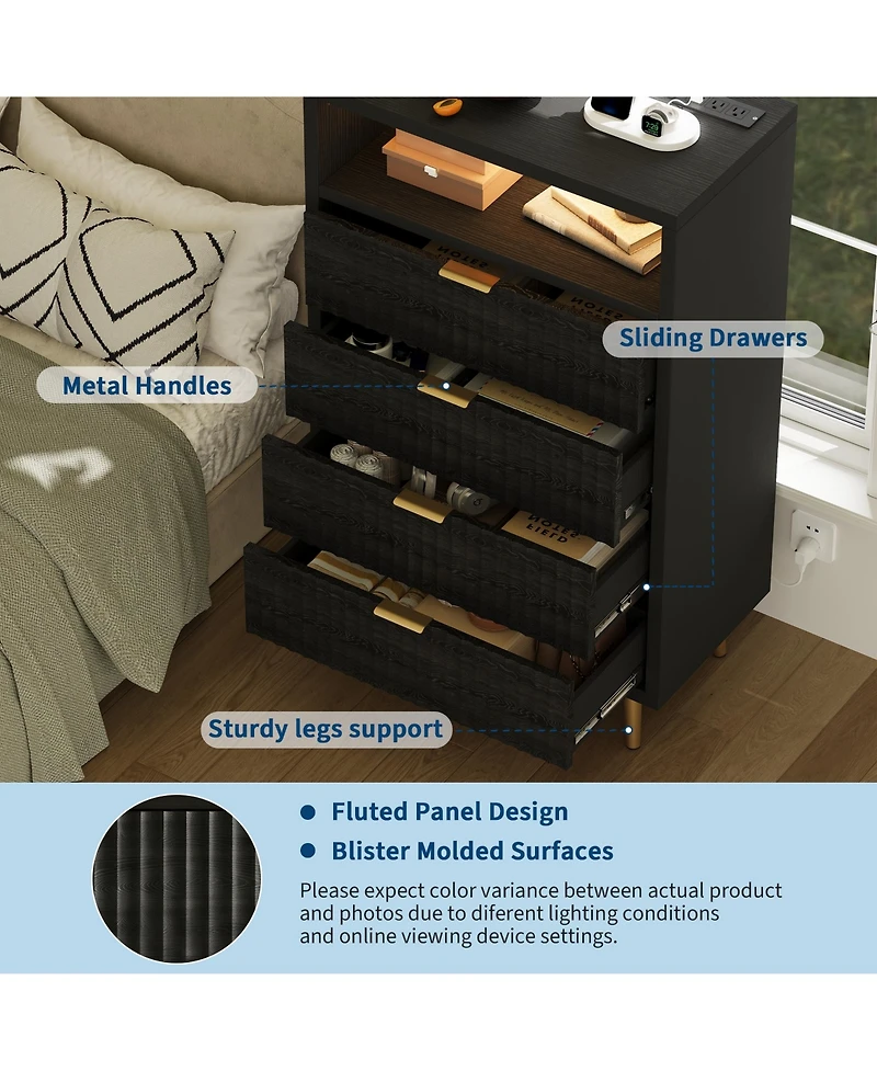 homfan 4 Drawers Dresser 28" Wooden Unit with Led and Charging, Fluted Night Stand Handle, Modern Dressers for Closet, Living Room, Hallway