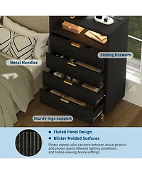 homfan 4 Drawers Dresser 28" Wooden Unit with Led and Charging, Fluted Night Stand Handle, Modern Dressers for Closet, Living Room, Hallway