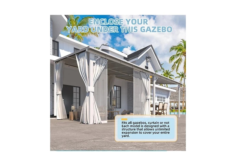Aecojoy 10' x 10' Wall Mounted Hardtop Gazebo Lean to Metal Pergola with Curtains Netting Patio