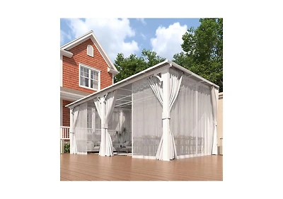 Aecojoy 16' x 12'Wall Mounted Hardtop Gazebo Lean to Metal Pergola with Curtains Netting Patio