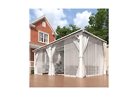 Aecojoy 16' x 12'Wall Mounted Hardtop Gazebo Lean to Metal Pergola with Curtains Netting Patio