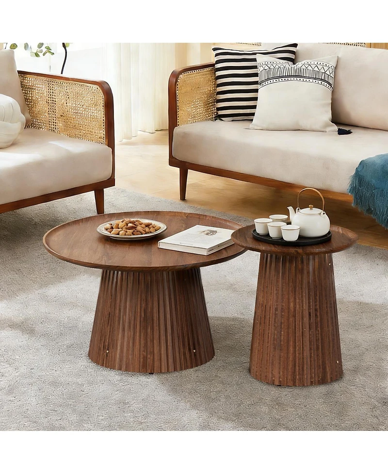 Streamdale Furniture Set of 2 Round Wooden Coffee Tables, Modern Walnut Finish