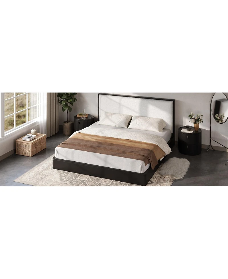 Streamdale Furniture Solid Wood Queen Platform Bed with Boucle Upholstered Headboard