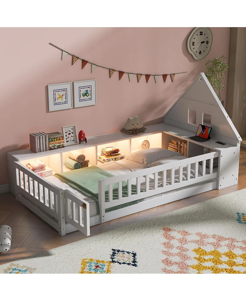 Streamdale Furniture Twin Wood House Floor Bed with Storage, Led, Usb and Outlets