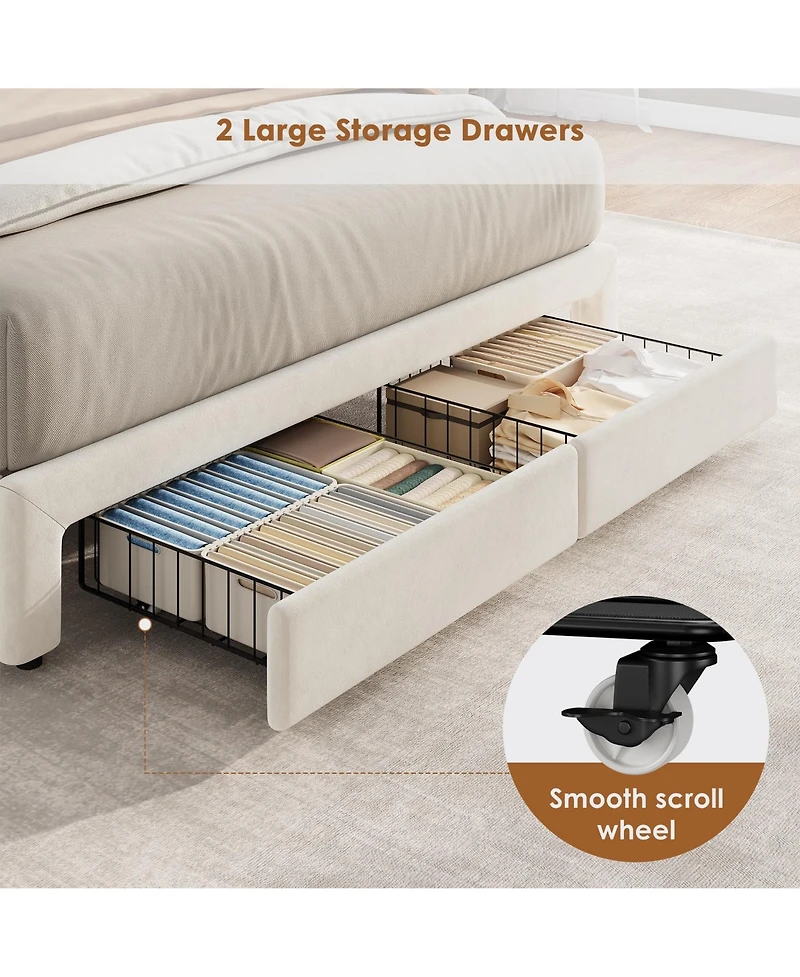 homfan Velvet Upholstered Platform Bed Frame with Crystal Tufted Headboard, 2 Storage Drawers, Built-in Charging, Slat Support