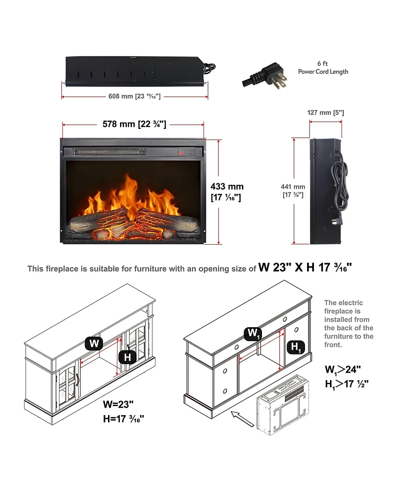 Mondawe Inch Electric Fireplace Insert, Ultra Thin Heater With Log Set And Realistic Flame, Remote Control With Timer