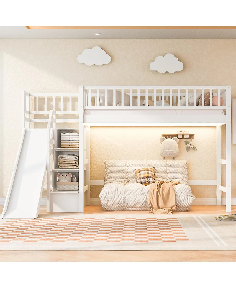 Streamdale Furniture Twin Size Loft Bed with Storage Staircase, Slide and Led Light