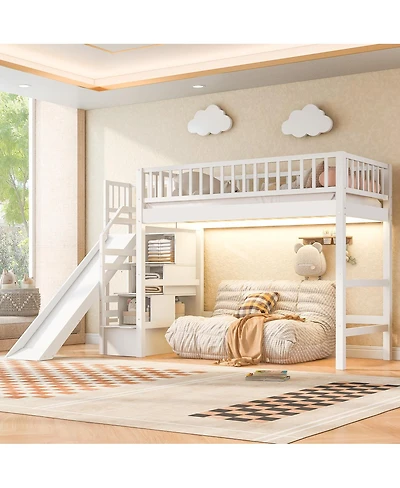 Streamdale Furniture Twin Size Loft Bed with Storage Staircase, Slide and Led Light