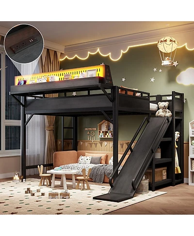 Streamdale Furniture Queen Loft Bed with Slide, Storage, Wardrobe, Usb